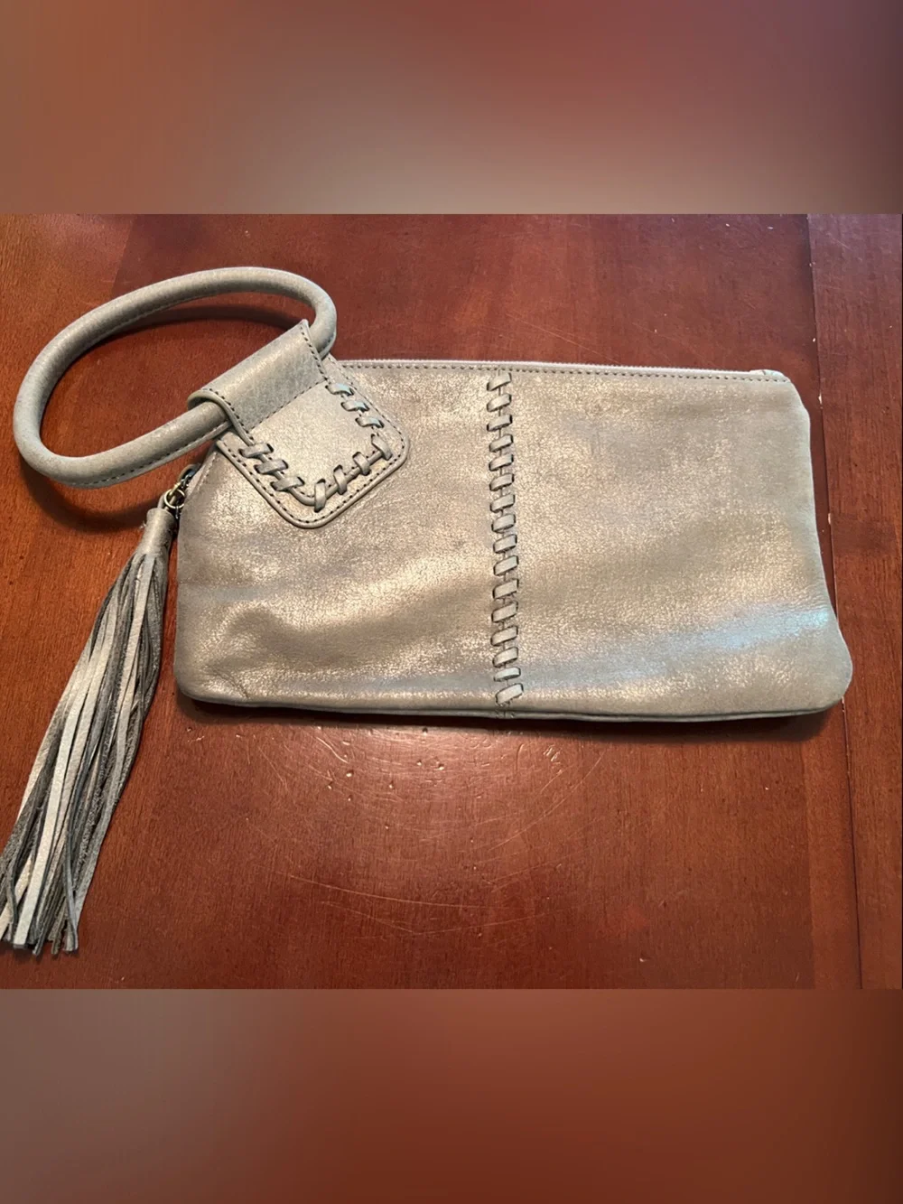 HOBO Metallic Silver Wristlet Clutch with Tassel